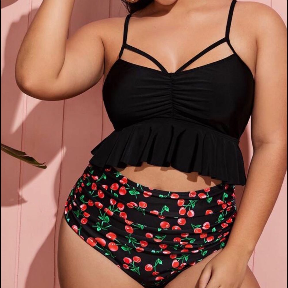 Shein Cherry Print Ruffle High Waisted Swimsuit